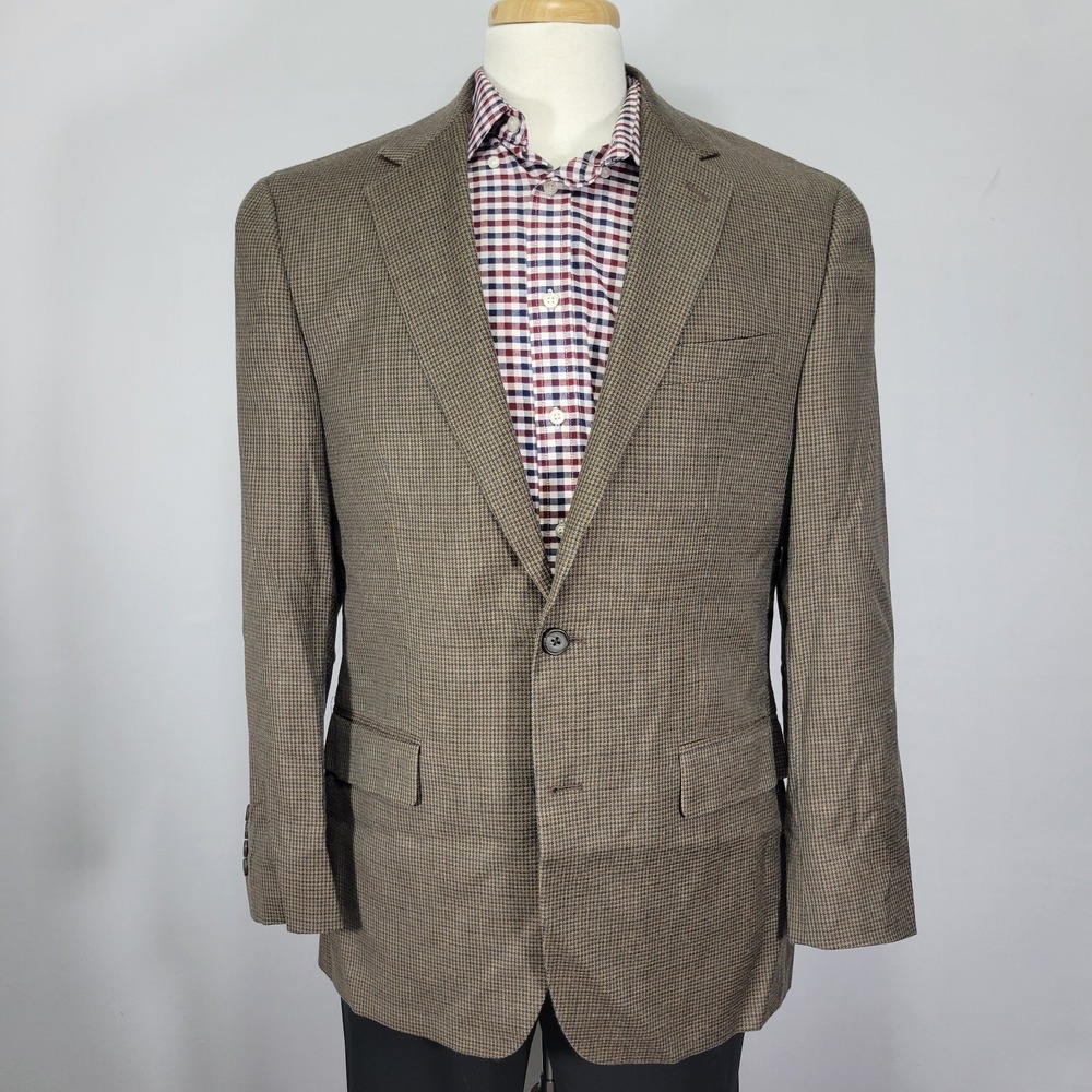 Ralph Lauren Men's Sport Coat Blazer‎ Brown Houndstooth Silk Wool Cashere 42R